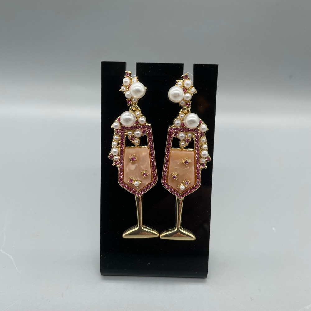 Champagne Flute Drop‎ Earrings Pink Crystal Pearl Gold Tone Celebration Dangle